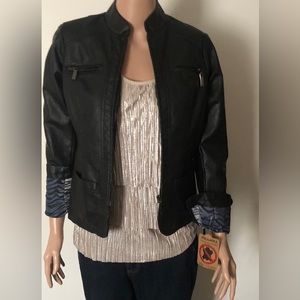 JouJou Women's Full Zip Faux Leather Black Moto Jacket Sz XS New